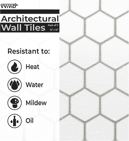 VViViD 11 Sheets Peel and Stick Grey Gloss Faux Ceramic Brick Wall Tiles, Self Adhesive Backsplash 12”x12”, 2mm Thick Kitchen, Bathroom (11 sq. ft.)