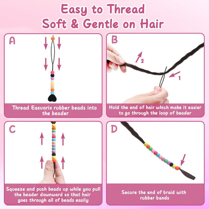 300 Small Silicone Hair Beads for Girls Kids Women, 7*5mm Colorful Soft Mini Silicone Beads for Bracelet, Hair Braids, DIY Crafts, Plastic Quick Beader for Hair Braid, 50 Elastic Rubber Bands