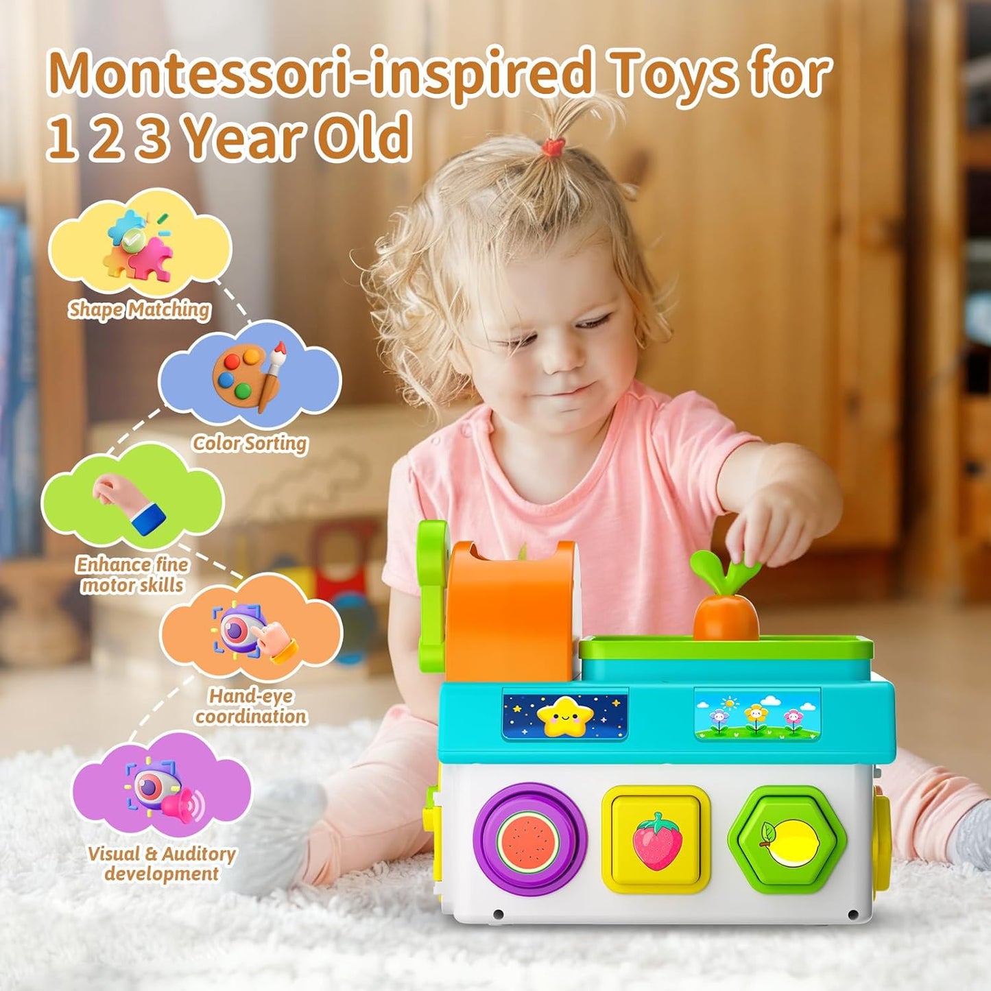 Montessori Toys for 1-2 Year Old Boys Girls, 1st First Birthday Gift for One Year Old, Baby 12-18 Month Educational Shape Matching Game w/ Lights & Sound, Fine Motor Learning Toys for Toddlers 1-3