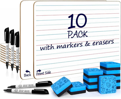 Scribbledo 10 Pack Double Sided Whiteboards Lined Dry Erase Board for Kids Ruled Writing Board Handwriting Practice for Kids Small White Board Dry Erase Boards Lines 9x12 Student 10 Dry Erase Markers