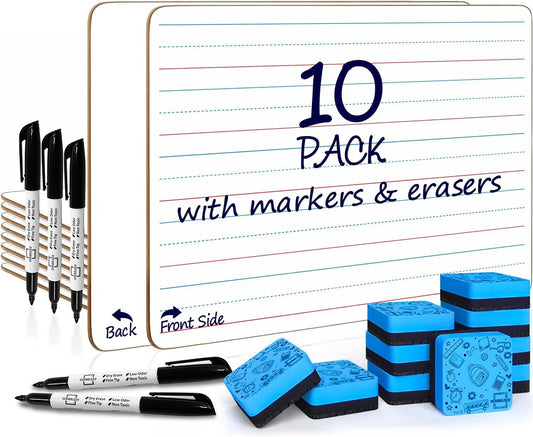 Scribbledo 10 Pack Double Sided Whiteboards Lined Dry Erase Board for Kids Ruled Writing Board Handwriting Practice for Kids Small White Board Dry Erase Boards Lines 9x12 Student 10 Dry Erase Markers