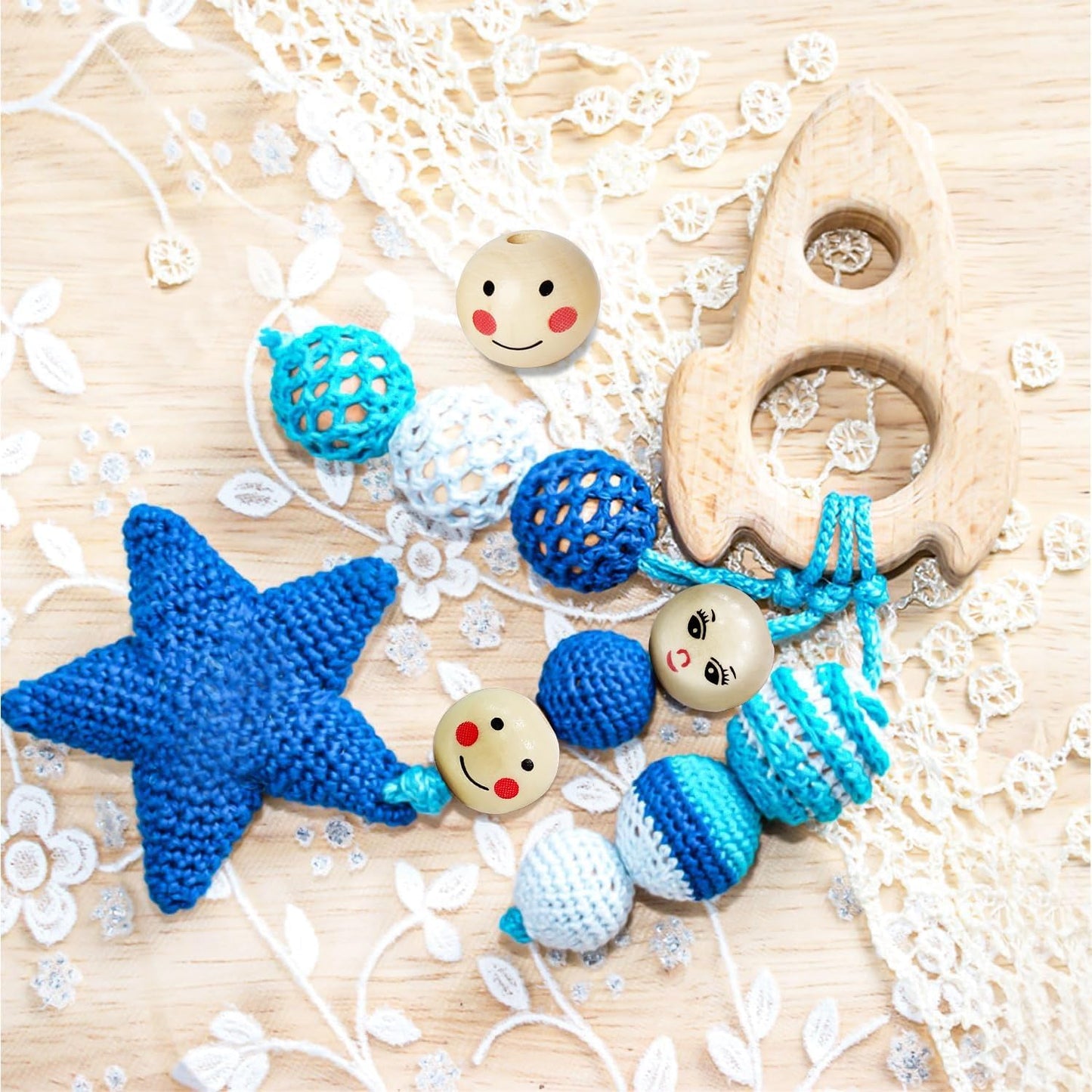 60PCS Wooden Beads with String,Natural Wood Beads Loose Beads with Face,2 Styles Wooden Smiley Beads Set for Chiristmas Tree Wreath DIY Key Chain Angel Craft Jewelry Making(30pcs 20mm 30pcs 18mm)
