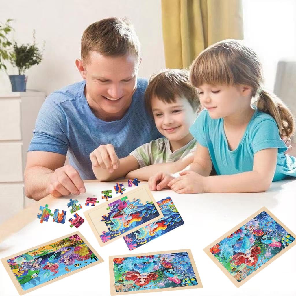 4 Sets of Wooden Puzzles, Each Set has 24 Pieces, Including Castle Unicorn Princess, for Toddlers 3-5, Puzzles for Kids Ages 4-6, Preschool Educational Brain Teaser Toys for Girls 3 4 5 6 Years Old.