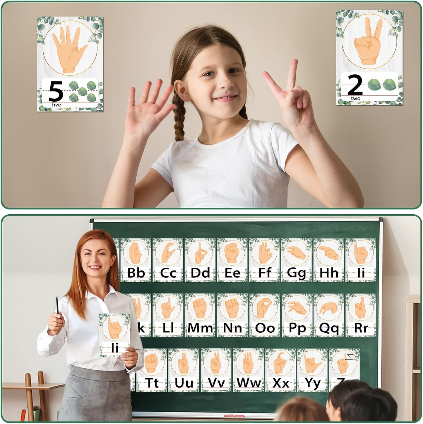 36PCS Eucalyptus ASL Alphabet Line Bulletin Board Set ABC Number Sign Language Flash Cards Alphabet Posters Learning American Sign Language Poster Classroom Wall Decor for Pre-School Home Toddler Kids