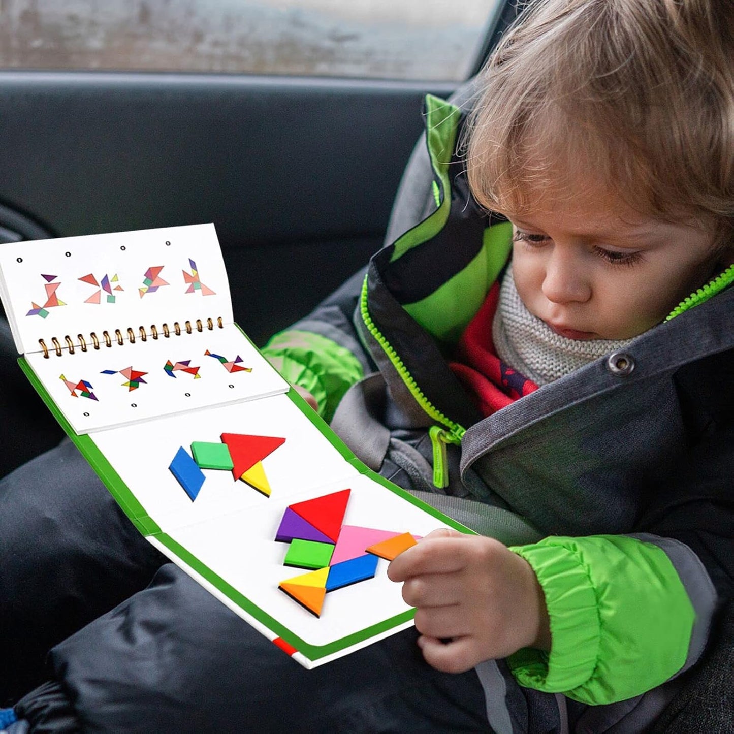 USATDD Travel Tangram Puzzle with 2 Set, Magnetic Pattern Blocks Road Trip Travel Games Jigsaw Montessori Brain Blocks IQ Book with 368 Solution Brain Teasers for Kids Adults Challenge