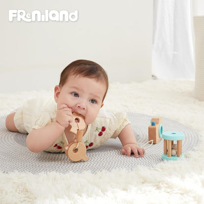 FReniland Wooden Montessori Toys, 4-Piece Wooden Baby Toy, Rainbow Stacking Ring,Car Push and Pull Toy, Rocket Stacking Ring Babys Toys,Newborn Baby Gift Sets for Boys and Girls