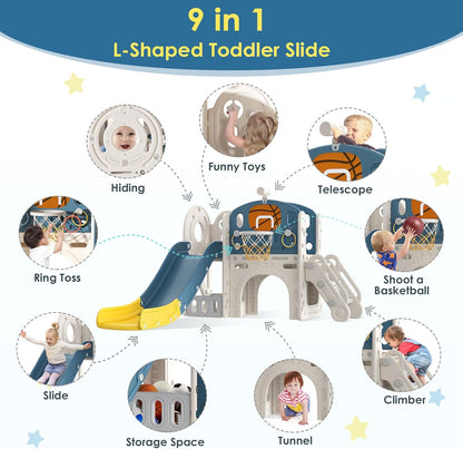 BIERUM 9 in 1 Toddler Slide, Kid Slide for Toddlers Age 1-3 with Ring Toss, Basketball Hoop, and Telescope, Indoor Outdoor Playset Playground Beige Gray