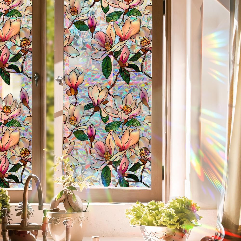 Flower Stained Glass Window Film Decorative Static Cling Stickers Sun Blocking Privacy Decals for Home Car White Lily