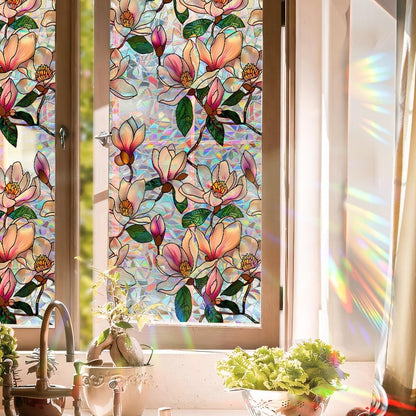 Flower Stained Glass Window Film Decorative Static Cling Stickers Sun Blocking Privacy Decals for Home Car White Lily
