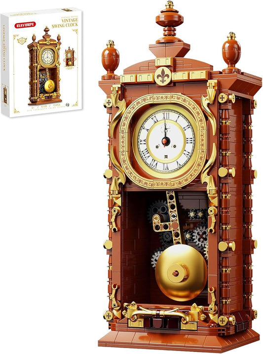 Retro Clock Building Block Set, Mechanical Pendulum Vintage Clock Toy with Real Functional Timepiece & Moving Gears, Home Decor & Housewarmings Gift for Man Woman & Adults Kids Ages 6+ (751 PCS)