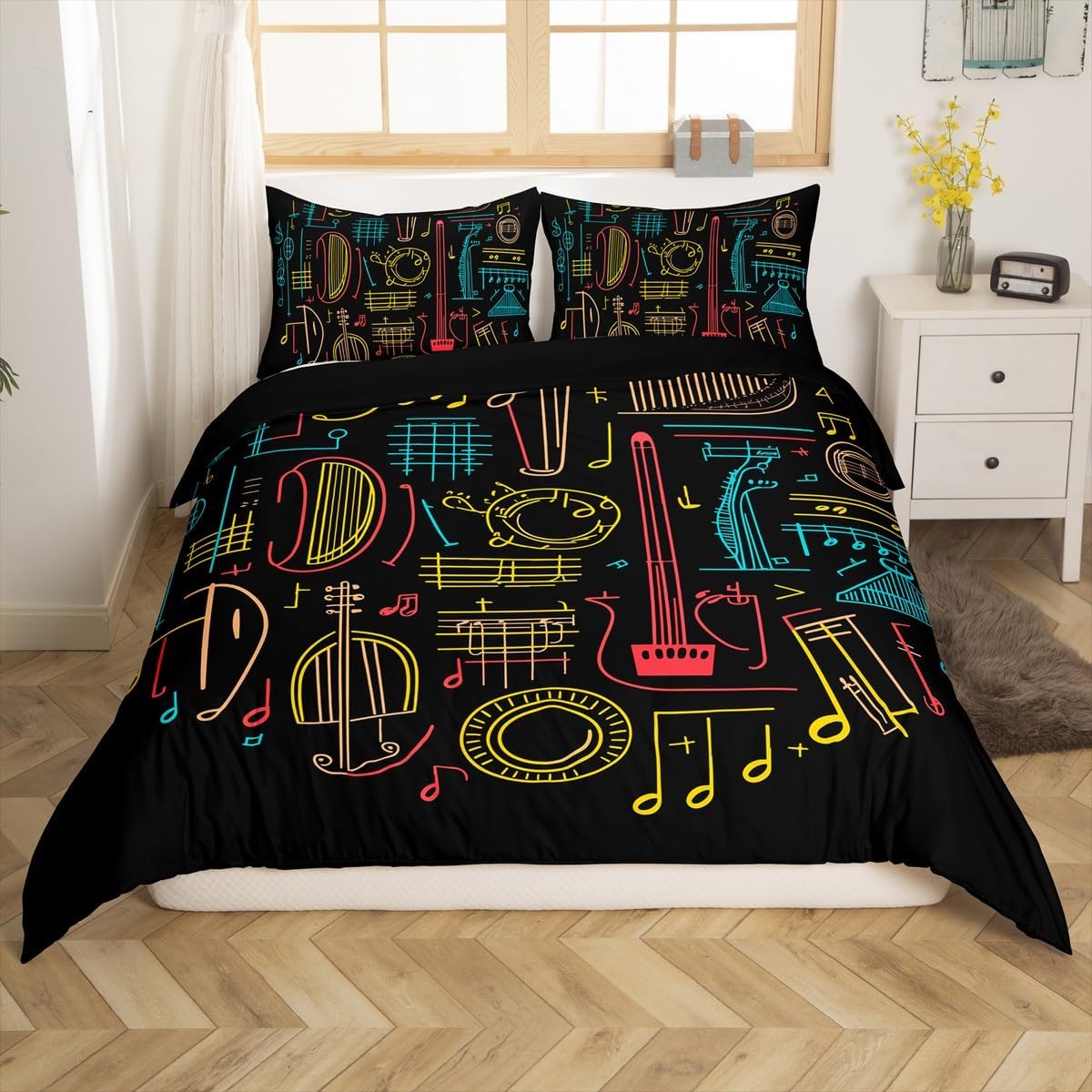 Drum Kit Comforter Cover Abstract Musical Instruments Bedding Set for Kids Boys Teens,Pop Music Duvet Cover Modern Rock Quilt Cover, Teal Laser Light Bedroom Decor Twin Size Blue Green Black