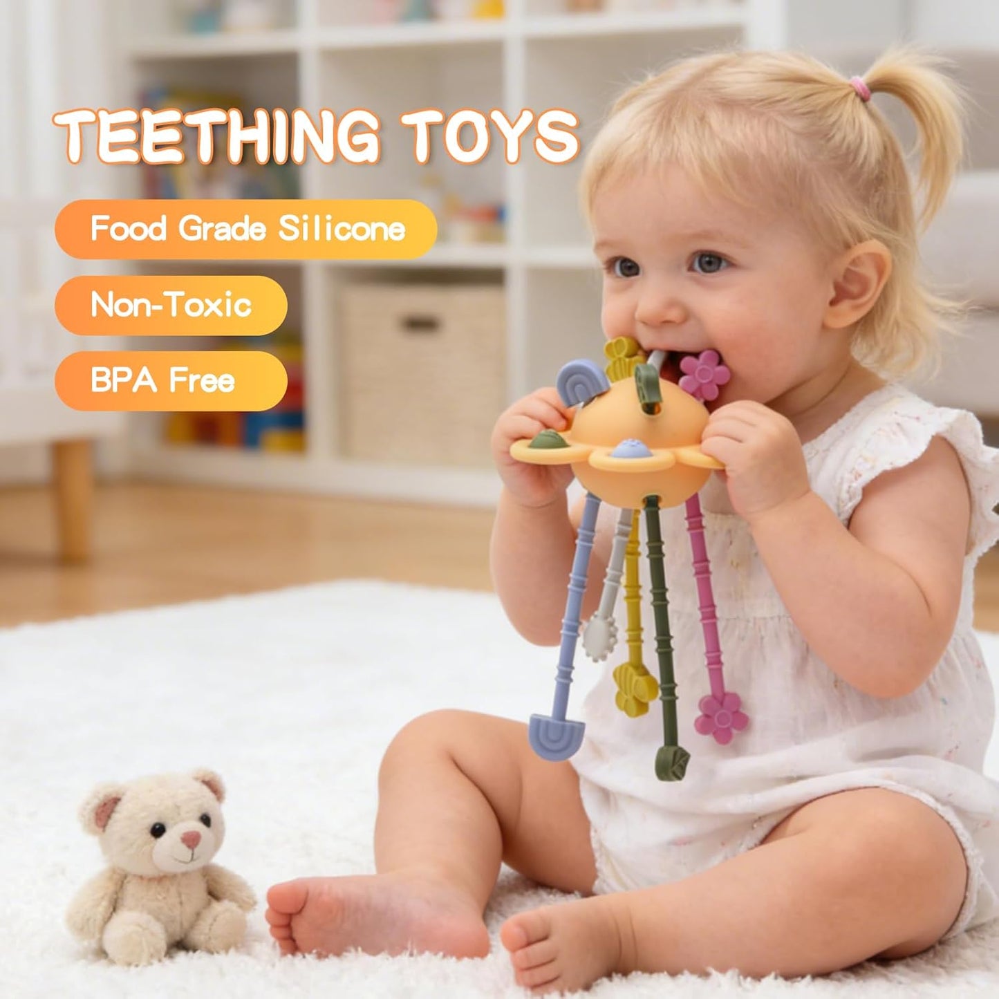 Food Grade Silicone Pull String Baby Toy, Montessori Pull String Sensory Toy for 18 Months Babies Teething Toys (Navy Blue)