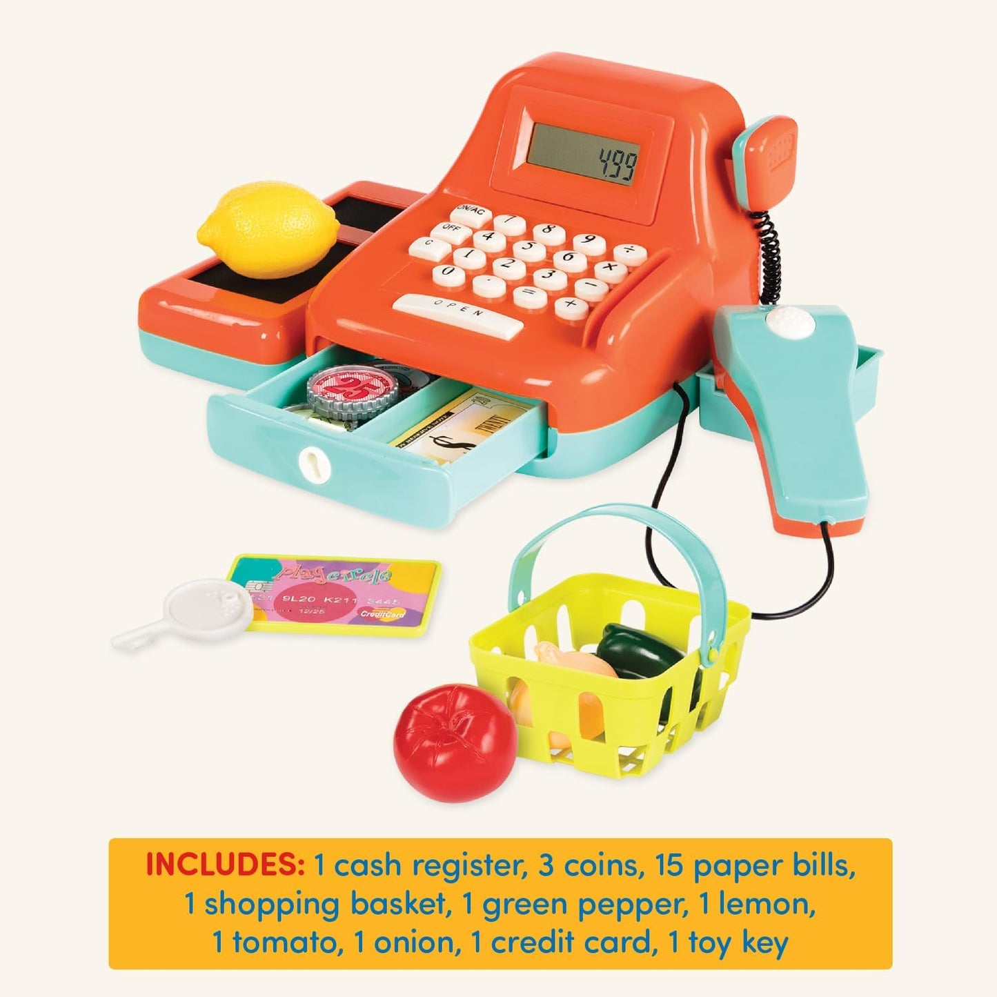Battat – Interactive Kids Cash Register with Scanner & Sounds – 26 Pieces Pretend Play Shopping Set with Light – Up Scanner, Play Money & Card – Educational Toy for Learning & Fun – 3+ Years