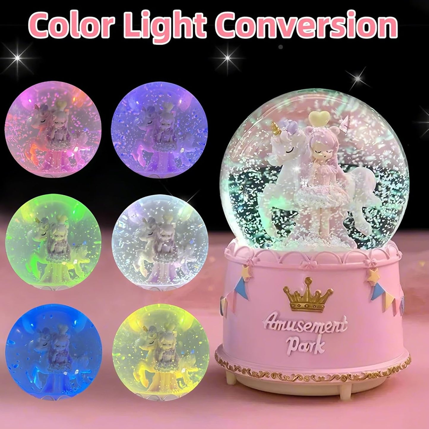 Unicorn Snow Globes for Girl,6.5IN Pink Music Snowglobes with LED Lights and Automatic Snowfall,Home Decor Glass Ball for Kids Bedroom Birthday for 5-18 Year Old Girl(6.5x4.1IN