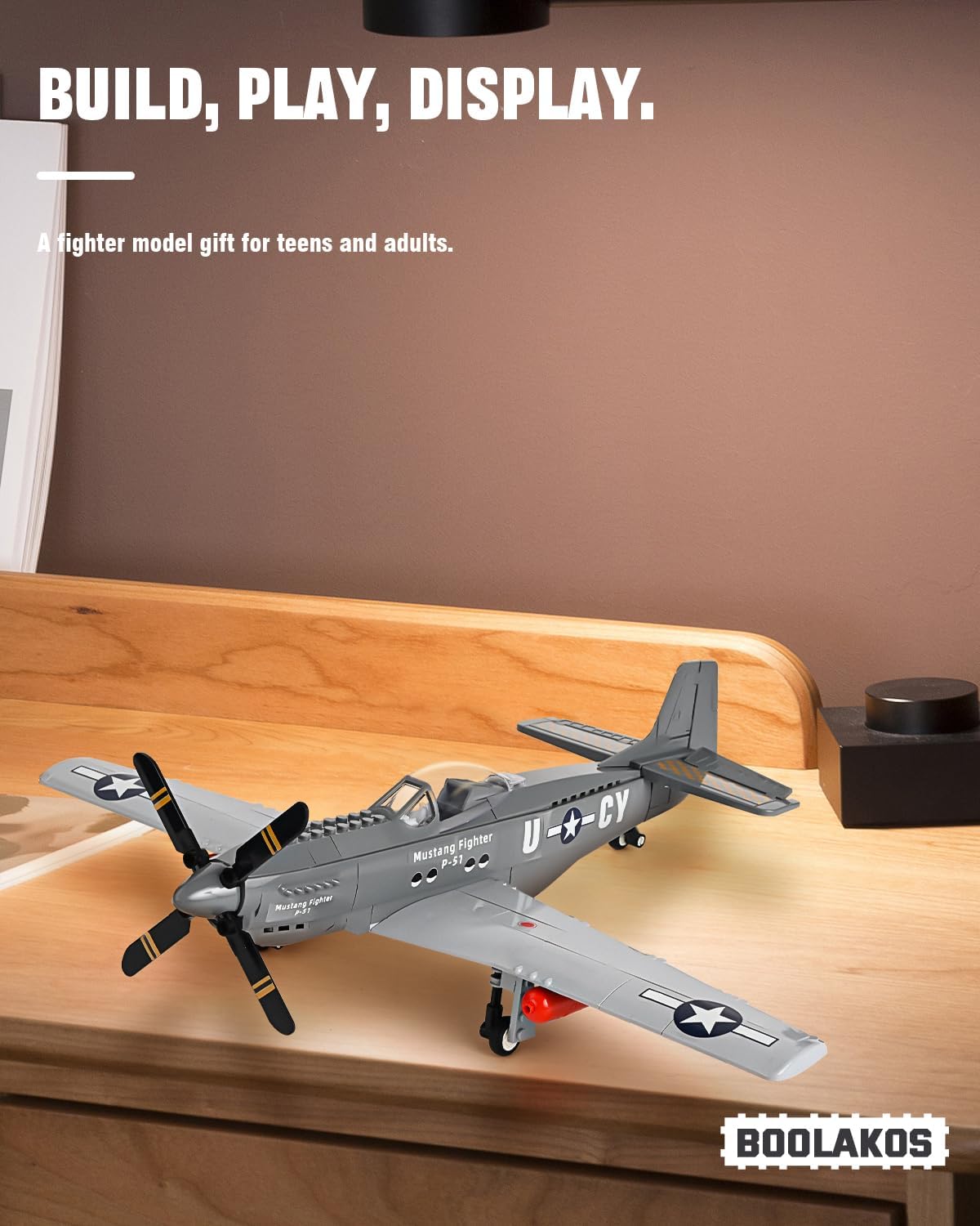P-51 Mustang Fighter Bomber Building Blocks Sets, Military WW2 Airplane Building Toy, Collectible WW2 Army Model for Adults (258PCS)