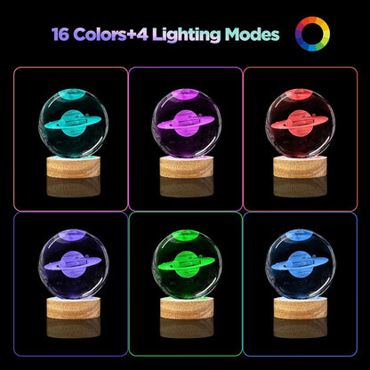 3D Solar System Crystal Ball Night Light with 16 Color LED Wooden Base, Upgraded 3.15 Inch Galaxy Planets Glass Ball Lamps with Remote for Birthday Christmas, Astronomy Space Gifts for Boys Girls
