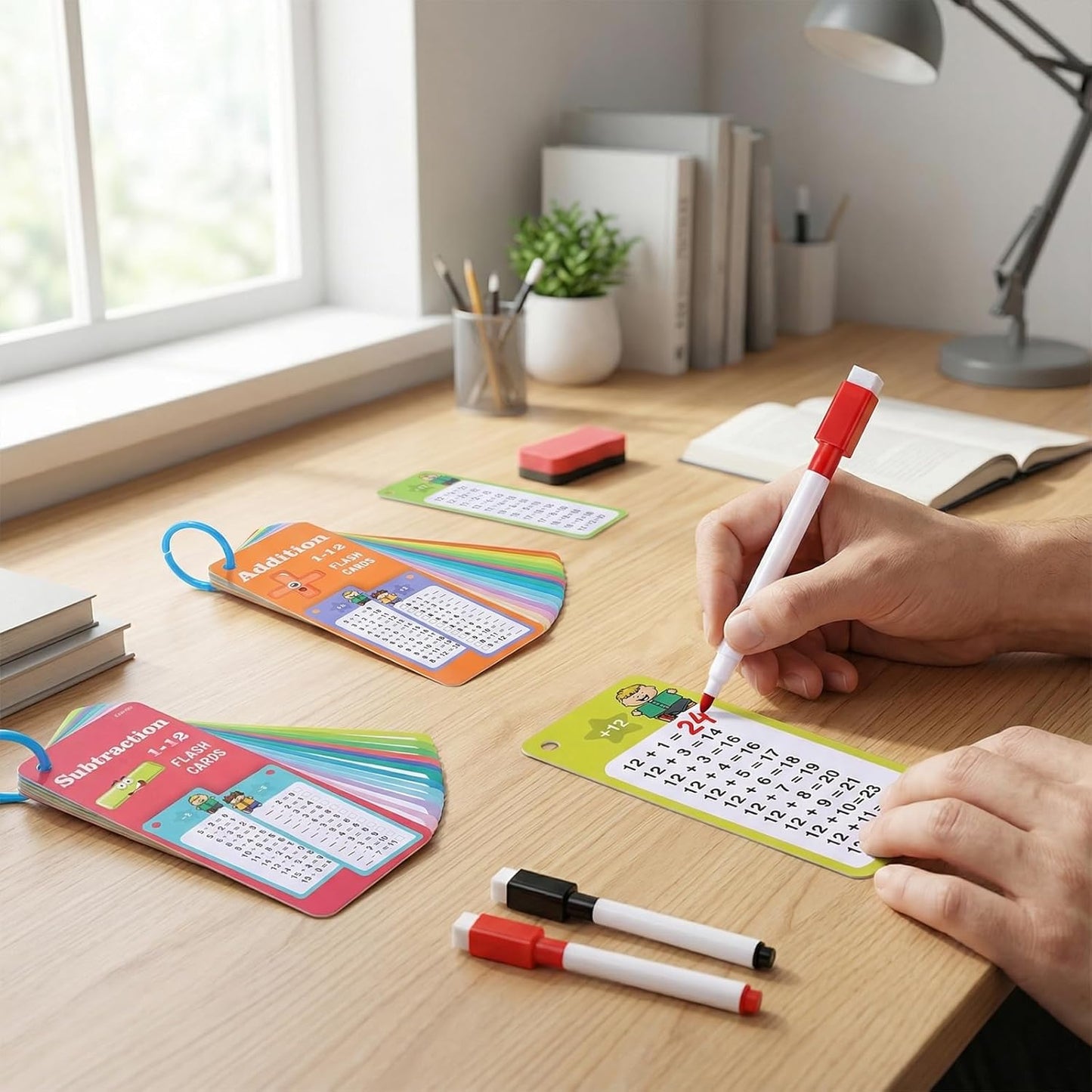 30 Pcs Addition and Subtraction Flash Cards, Math Flash Cards for 1st to 3rd Grades, Math Games Times Table Flashcards with 4 Dry Erase Pens 2 Rings for Learning