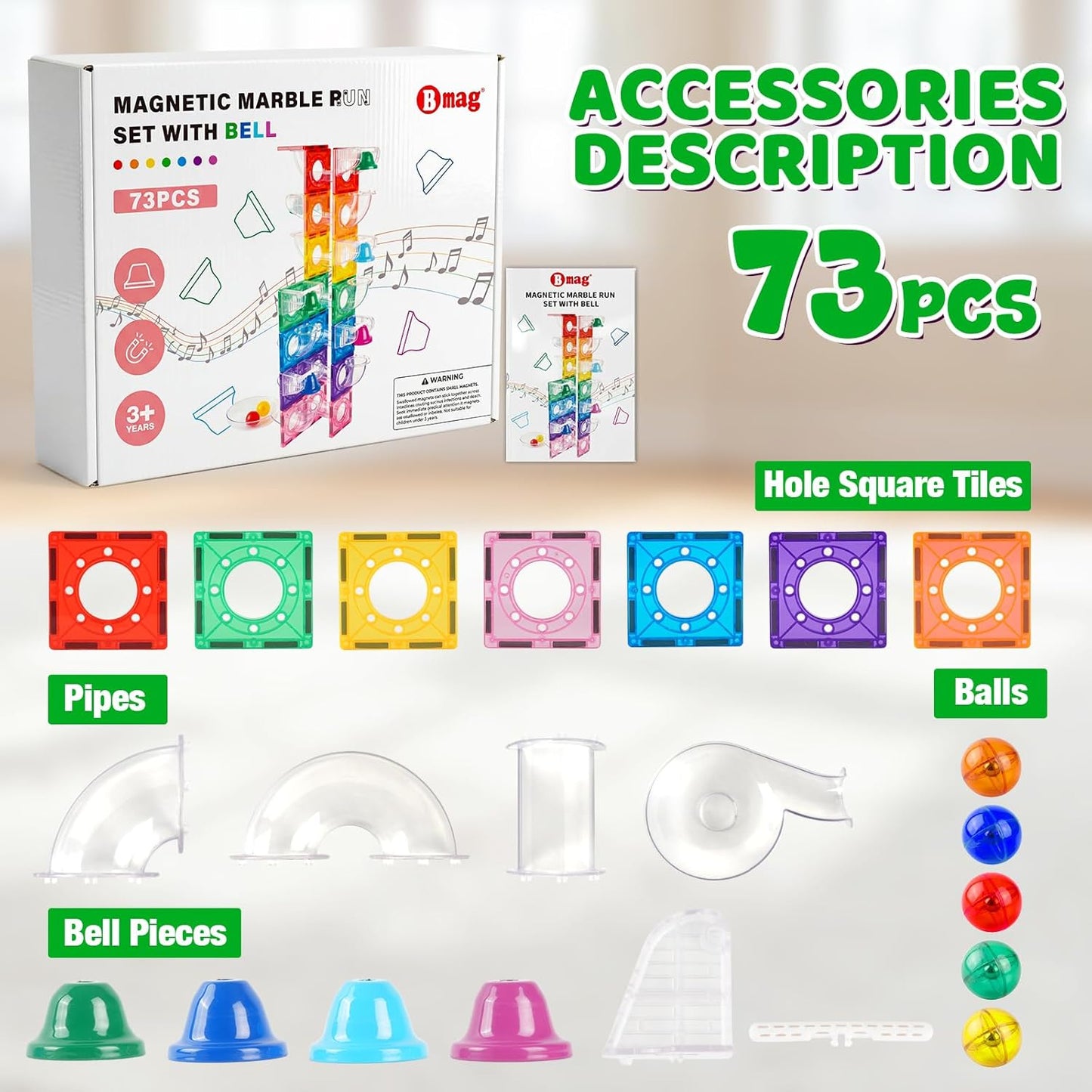 BMAG Magnetic Marble Run Set with Happy Birthday Bell, 73 Pcs STEM Educational Magnetic Marble Maze Toy for Kids 3+, Creative Building Track Game, Birthday Gift for Boys & Girls