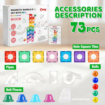 BMAG Magnetic Marble Run Set with Happy Birthday Bell, 73 Pcs STEM Educational Magnetic Marble Maze Toy for Kids 3+, Creative Building Track Game, Birthday Gift for Boys & Girls