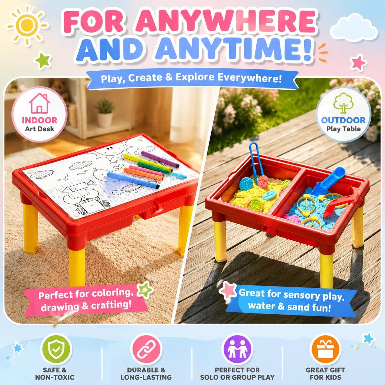 Carolart Ocean Sensory Table with Sands, Bin with Lid, Indoor Outdoor Use, Sand Art Kit for Boys and Girls, Toys for Toddlers Age 3-5, 17x11.5x10.2 Inches