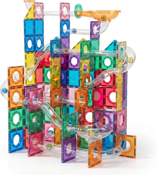 Magnetic Building Tiles Marble Run Set, 115 Pieces STEAM Construction Blocks with Marble Run Track, Educational STEM Toy for Kids Ages 3+, Rainbow Colors