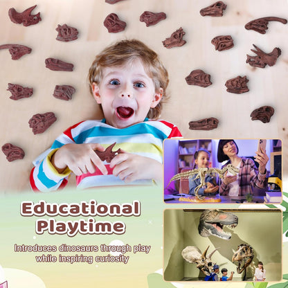 24-Piece Dinosaur Bone for Sandbox, Realistic Dinosaur Figure Plastic Dino Skulls Bulk for Sand Box Easter Dino Themed Birthday Party Digging Sensory Bin Cake Decoration Classroom Prize, Brown