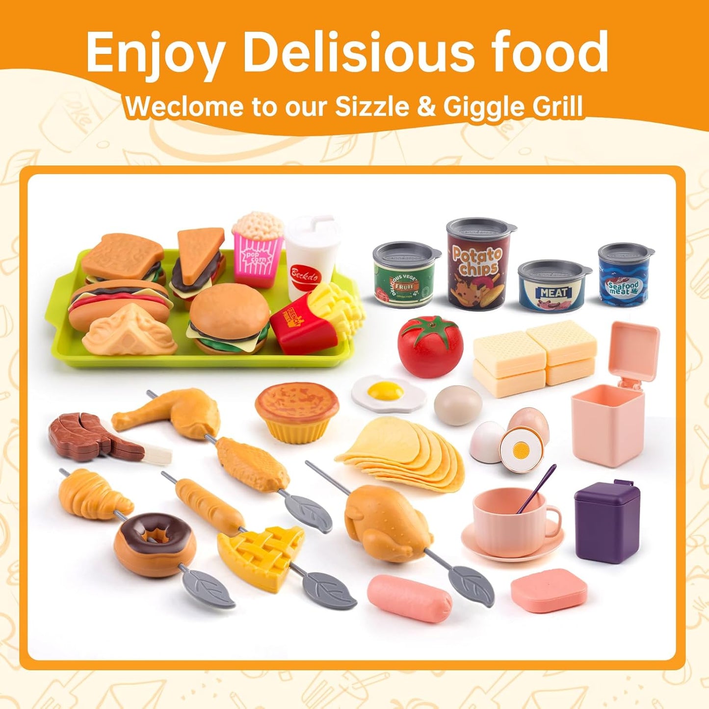 60Pcs Kids Mini Play Kitchen Accessories, Pretend Cooking Play Set with Cookware, Tableware & Fruit & BBQ Sets, Learning Gift for Boys, Girls, Toddlers,Yellow