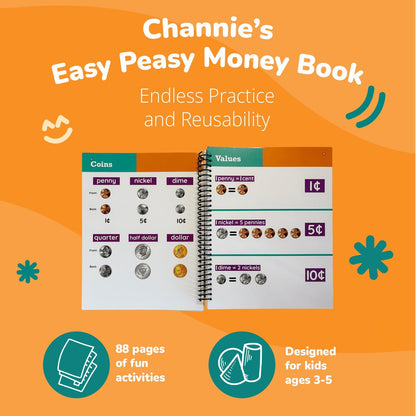 Channie's Easy Peasy Dry Erase Money Book - Fun Toddler Activity Book - Teaches Counting Coins for Kids Ages 3-5/6-8 - Pennies, Nickels, Dimes, Quarters - Money Workbooks for Kids - 65+ Pages