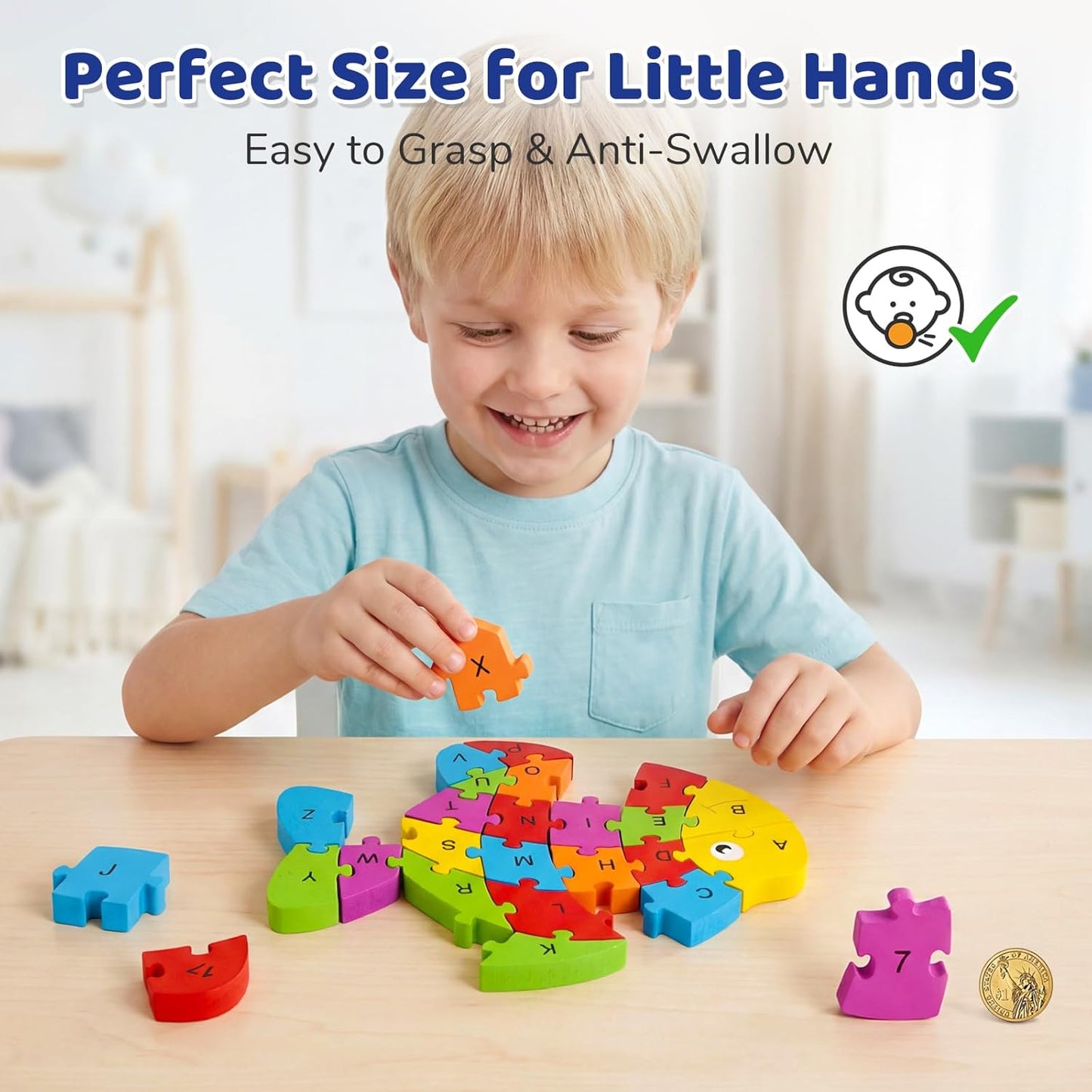 LovesTown Wooden Puzzles for Kids, Double Sided Giraffe Jigsaw with Alphabet & Numbers, Montessori Educational Toy for Toddlers, Chunky Animal Gift