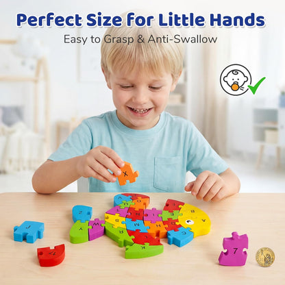 LovesTown Wooden Puzzles for Kids, Double Sided Giraffe Jigsaw with Alphabet & Numbers, Montessori Educational Toy for Toddlers, Chunky Animal Gift