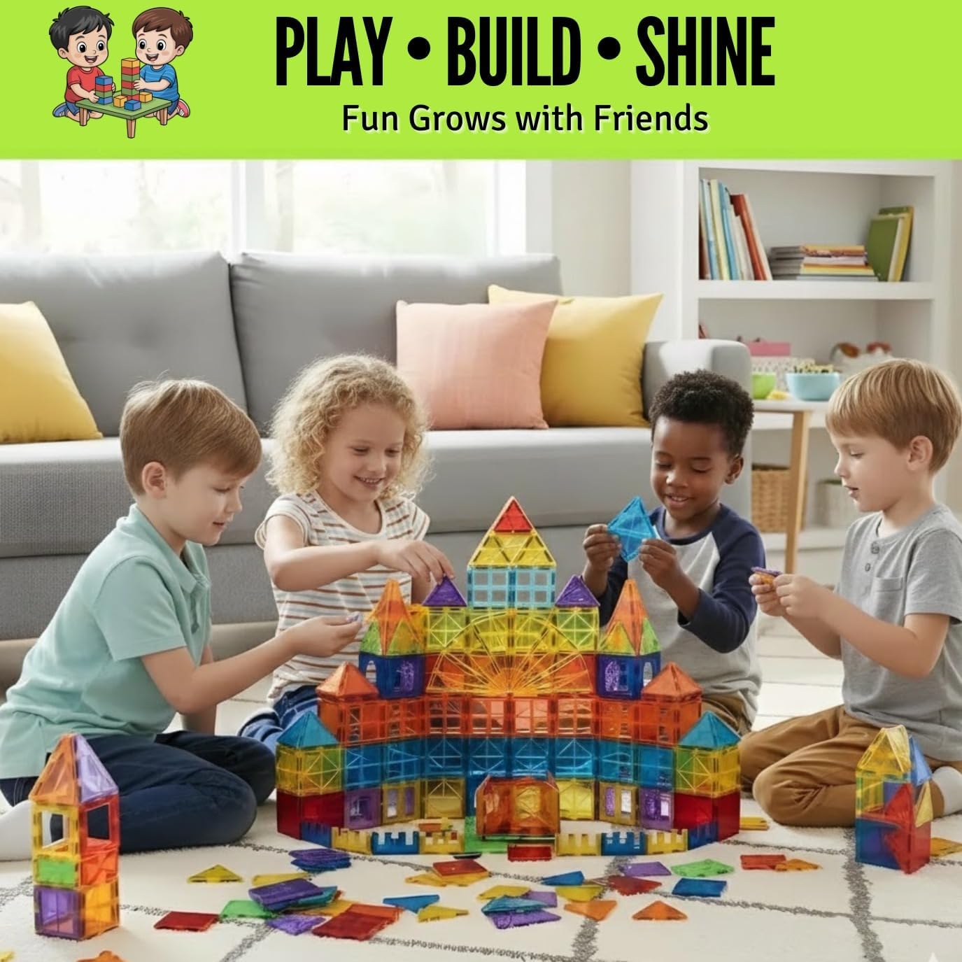 Magnetic Tiles 100 pcs with 2 Cars, STEM Building Blocks for Kids, Educational Gift, Magnet Construction Toys for Toddlers, School Teacher Supplies, Classroom Must-Haves
