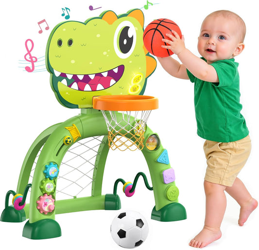 Twinkoo Dinosaur Toddler Basketball Hoop & Soccer Goal Montessori Toys for Baby 12-18 Months, 1, 2, 3+ Year Old Gift Toys for Boy and Girl (Green)