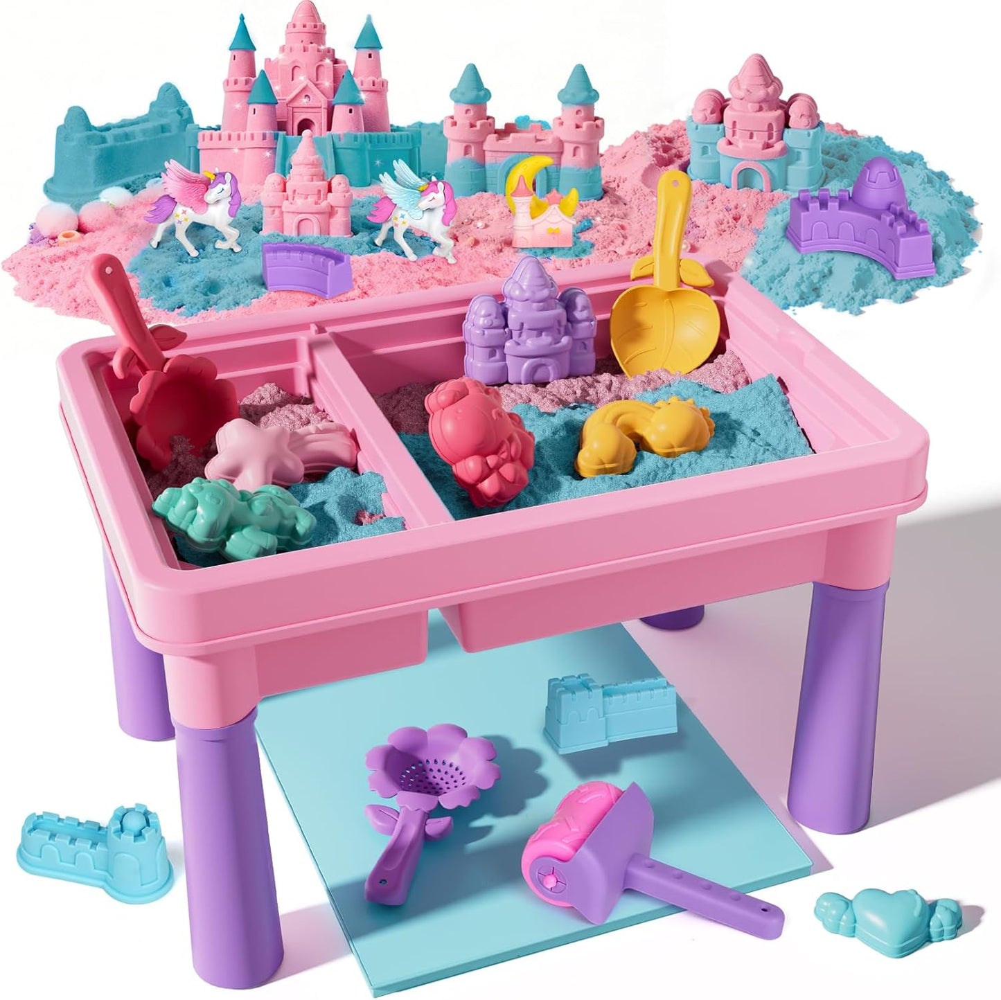 Lehoo Castle Sensory Table with Sensory Sand, Indoor Sensory Bin with Lid & 2.6lbs Play Sand, Construction Kit with 6 Alloy Trucks & Castle Molds, Sensory Toys for Toddler Boys and Girls
