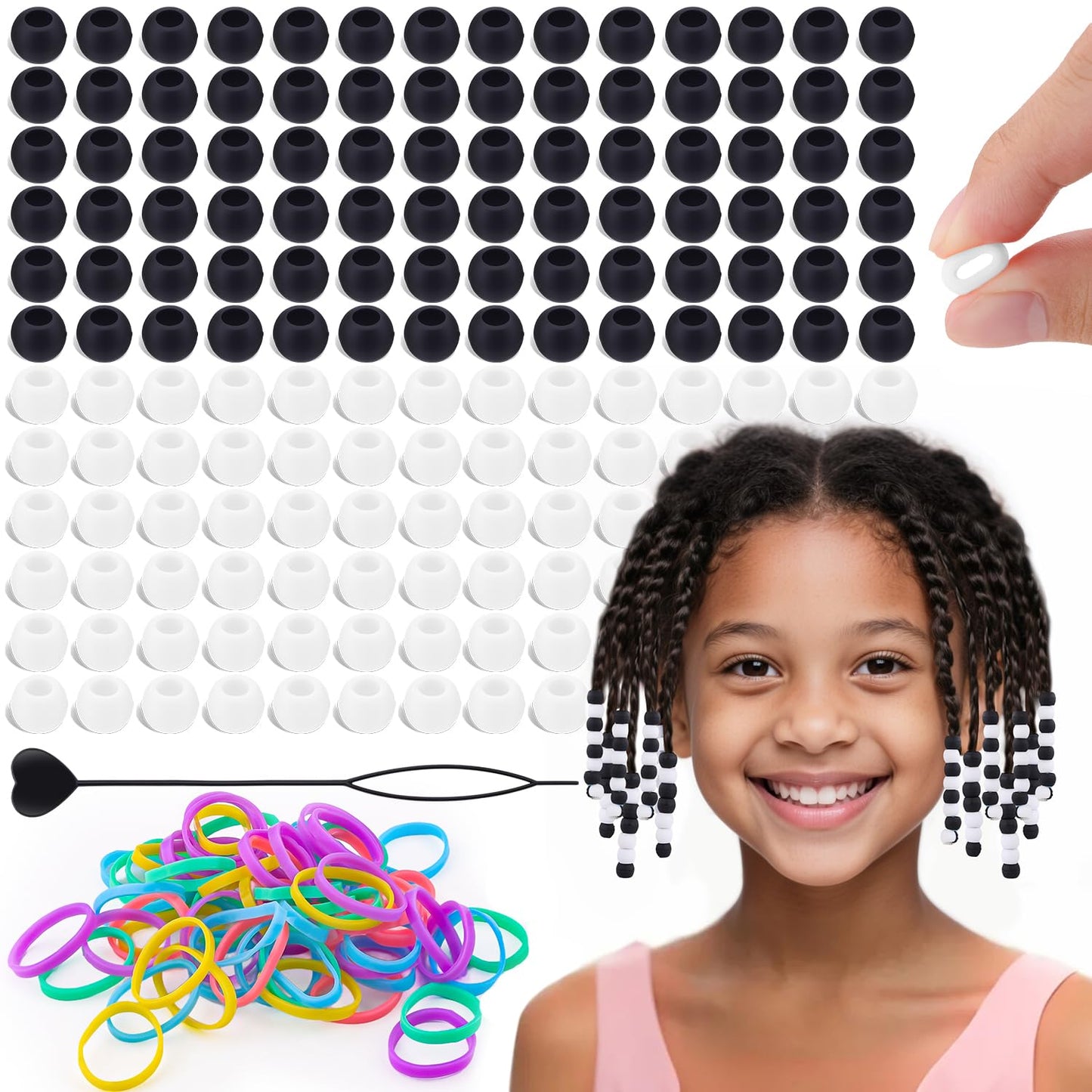 150Pcs 10mm Small Silicone Beads for Hair Braids, Soft Jellyish Pony Hair Beads with 5mm Hole + 50 Rubber Bands and 1 Beader for Braiding, DIY Bracelets Necklaces Crafts (Pink)