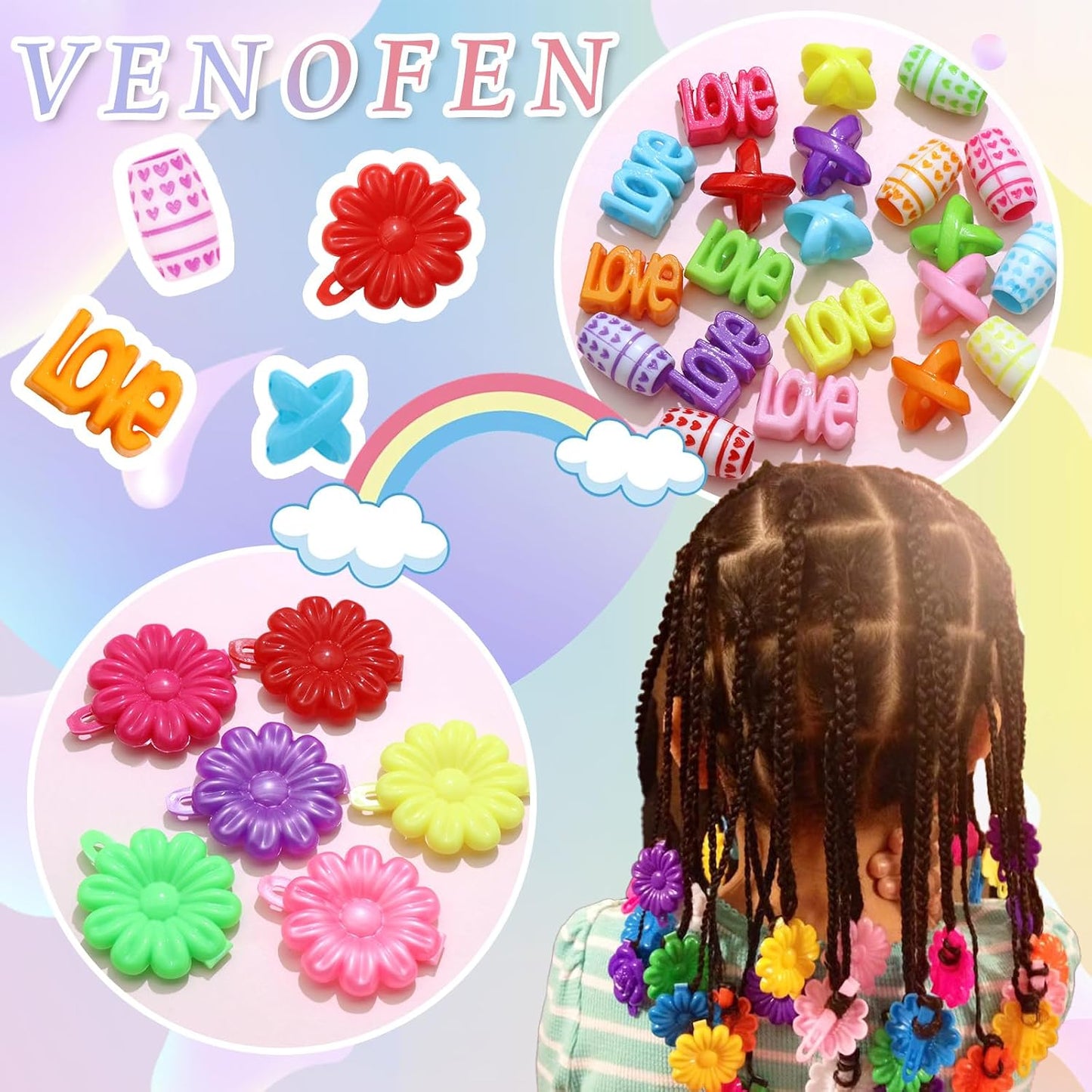 60PCS Colorful Hair Beads 3 Styles Loc Bead Flower Self Hinge Hair Barrettes Cute Design Acrylic Dreadlock Beads Accessories for Kids Girls