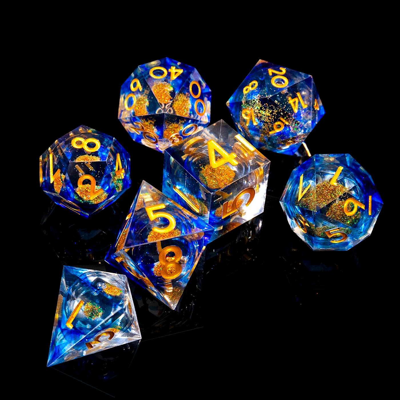 Liquid Core DND Dice Set, 7pcs Sharp Edge Dice for Role Playing Dungeons and Dragons Ttrpg with Gift Box, Handmade Resin D&D Dice RPG Role Playing Games Dice Set(Blue Gold)