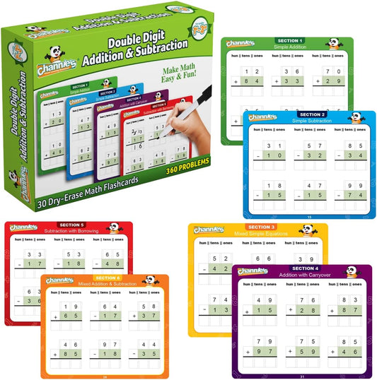 Channie’s Double Digit Addition and Subtraction Flash Cards, 30 Dry Erase Educational Math Flash Cards for Kids, Ideal for 1st to 3rd Grade, Level 2 Color-Coded Cards, 360 Two-Digit Problems