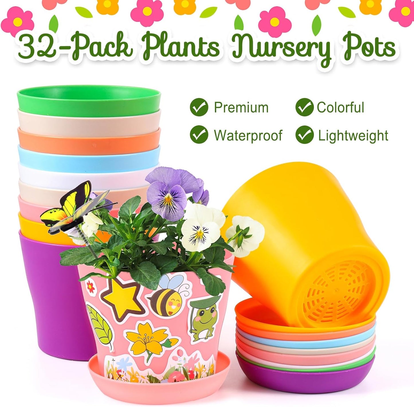32 Set Garden Plastic Pot Craft Kit DIY Flower Plant Crafts Nursery Pots with Stickers Flower Planting Growing Kit for Spring Summer Home Classroom School Creative DIY Art Project Activities