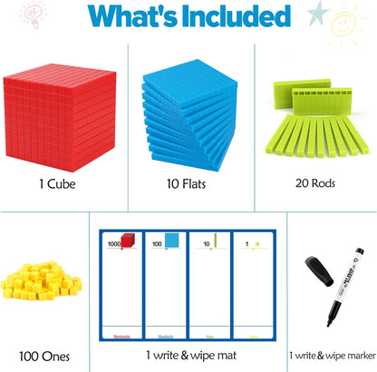 Torlam 131 PCS Base Ten Blocks for Math - Place Value Blocks, Plastic Base 10 Math Manipulatives 1st Grade, Math Counters, Math Cubes, Counting Cubes for Kids Kindergarten Math