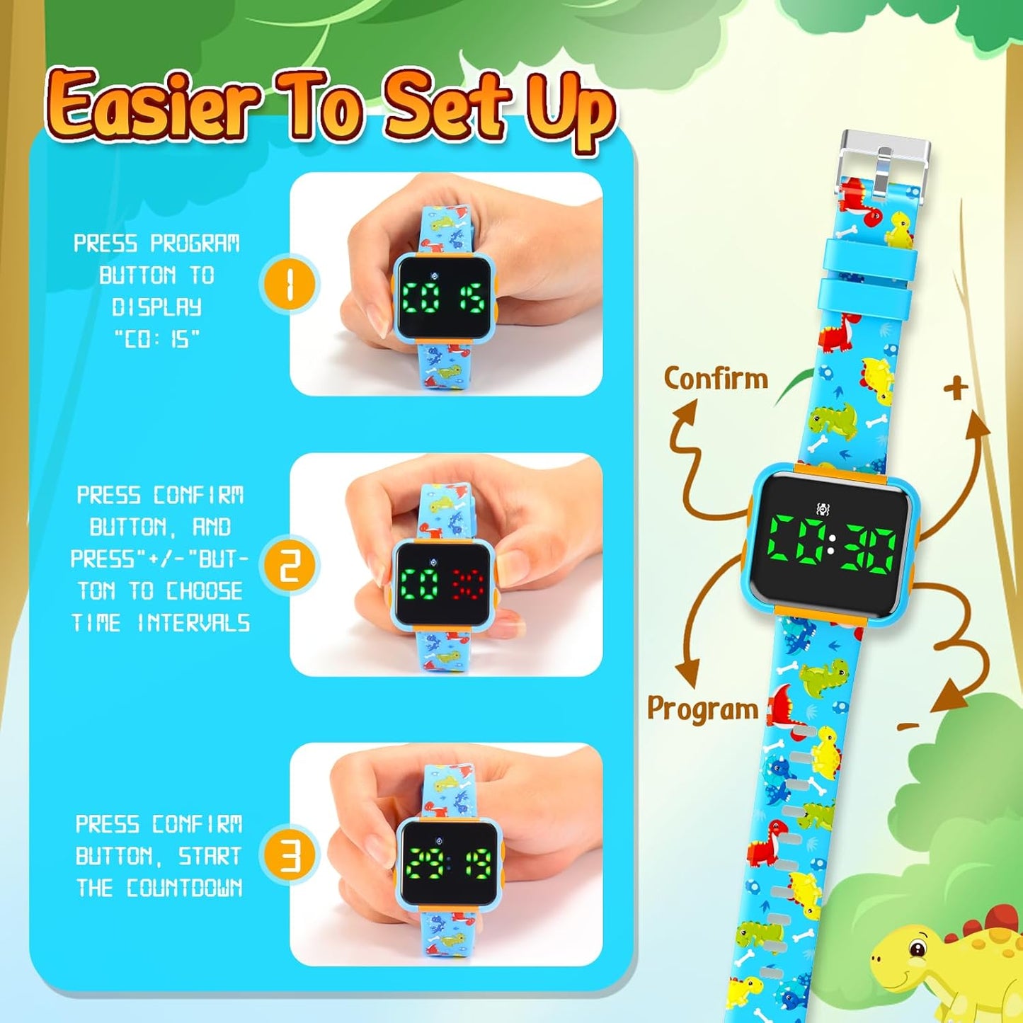 Potty Training Watch and Board Book for Kids: Water Resistant Potty Watches for Toddler Boys Rechargeable Toilet Reminder Dinosaur Toddler Watch 1-3 Birthday Gifts for 2 3 4 Year Old Boy (Blue)