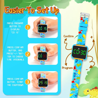 Potty Training Watch and Board Book for Kids: Water Resistant Potty Watches for Toddler Boys Rechargeable Toilet Reminder Dinosaur Toddler Watch 1-3 Birthday Gifts for 2 3 4 Year Old Boy (Blue)