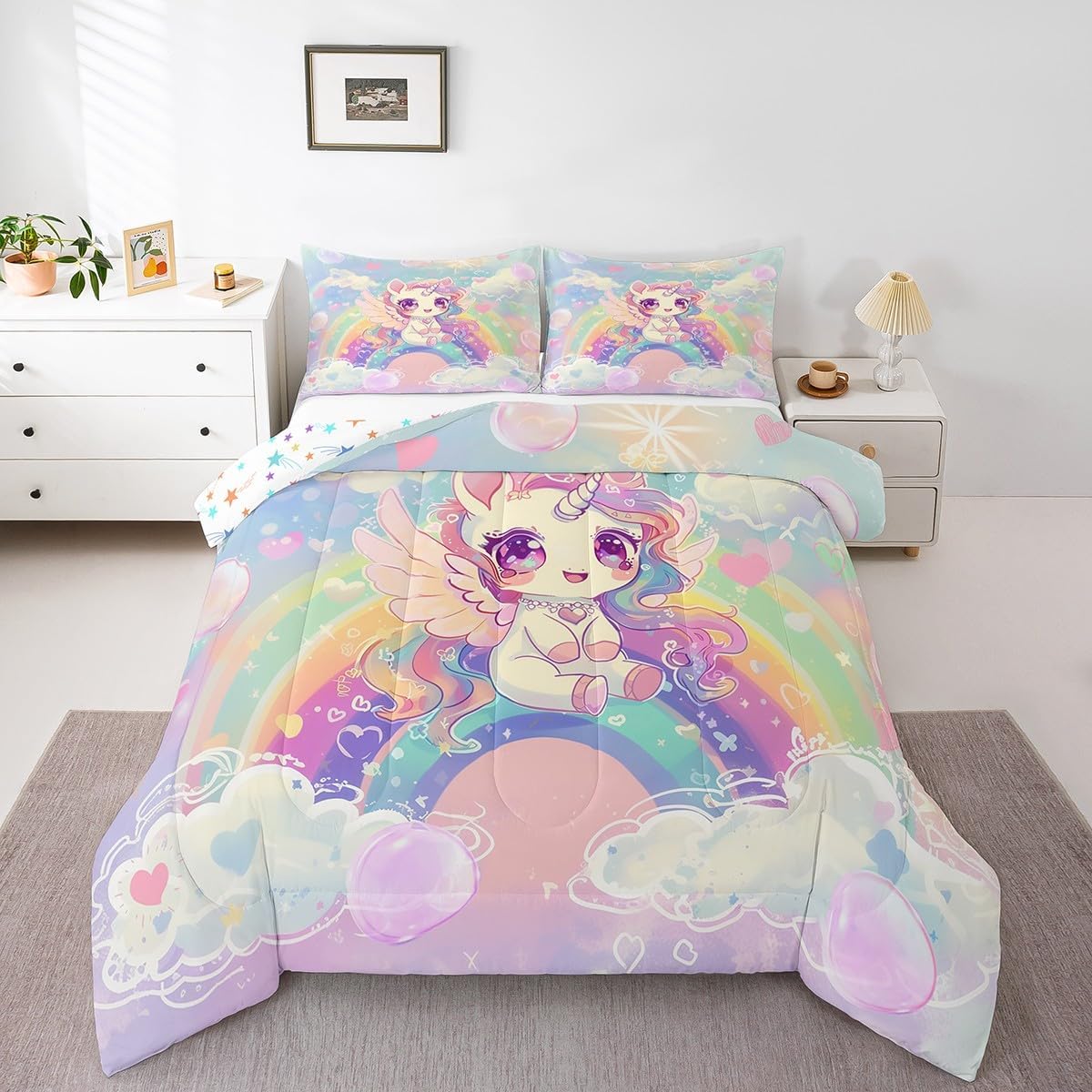 Castle Fairy Drum Kit Comforter Set,Musical Instruments Bedding Set for Kids Girls Women,Adults Rock Music Comforter,Neon Lighting Quilted Duvet Set Bedroom Collection Twin Size 2Pcs