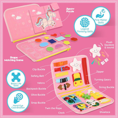 Toddler Sensory Busy Board: Travel Toy Activity Book for Girls Boys, Motor Skill Development Gift for Baby Aged 3-4 Years, Fine Educational Preschool Montessori Learning Toy for Car Airplane Dinosaur
