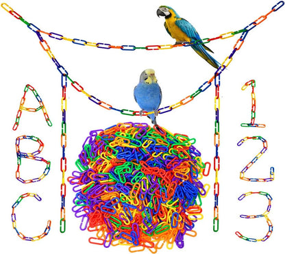 200-Piece Rainbow Plastic Chain Links & Toys - Interlocking C-Clip Bird Cage Accessories for Parakeets, Sugar Gliders, Small Pets (Climbing/Swinging Toys)