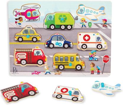 B. toys – Peek & Explore – Vehicles – Wooden Peg Puzzle for Toddlers, Kids – 8 Pieces – Fire Truck, Airplane, Taxi & More – 2+ Years