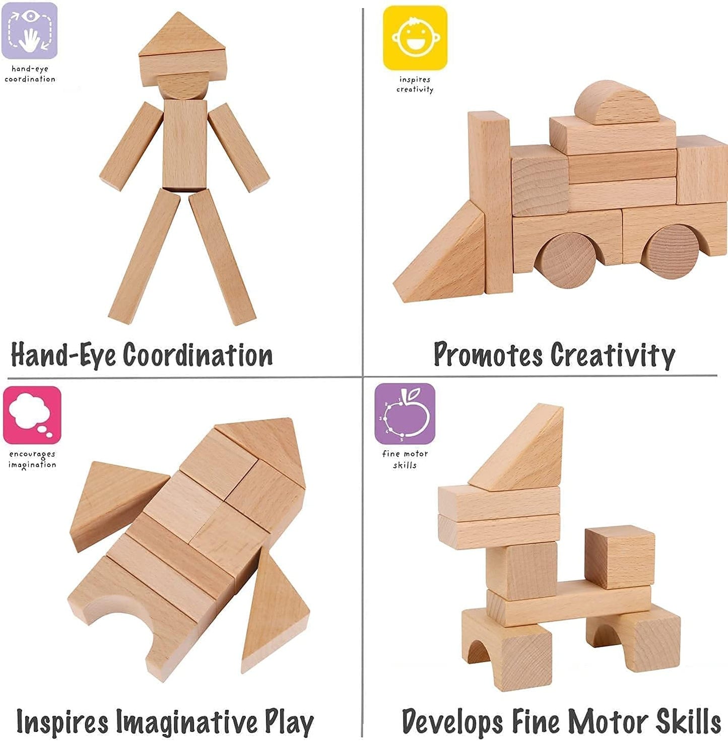 Pidoko Kids Wooden Blocks - 100 Pcs - Building Blocks for Toddlers - Includes Storage Container with Shape Sorter Lid - Natural Beech Wood Blocks - Preschool Learning Toys Stacking Block