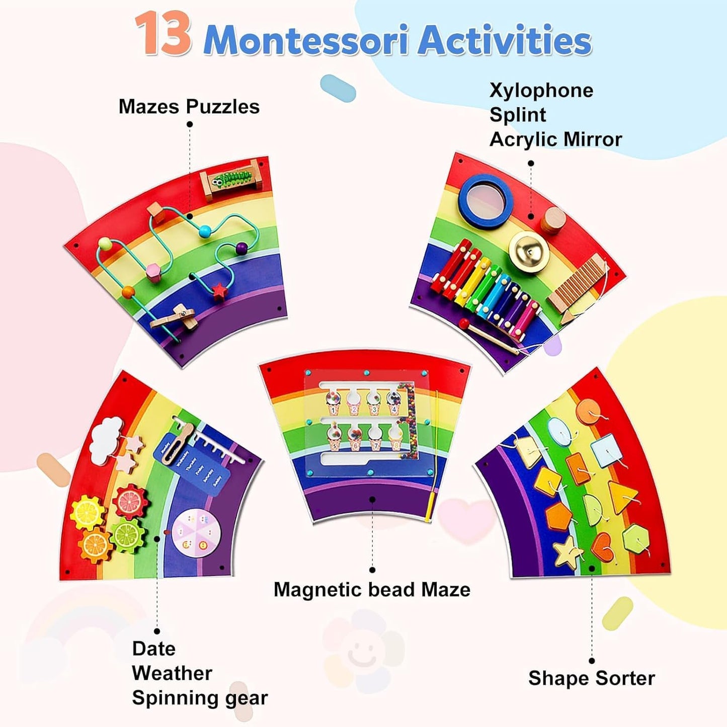 Rainbow Wall Busy Board for Kids: Wooden Montessori Activity Panel | 13-in-1 Sensory Learning Toys for Fine Motor Skills - Playroom & Nursery Essentials for Toddlers
