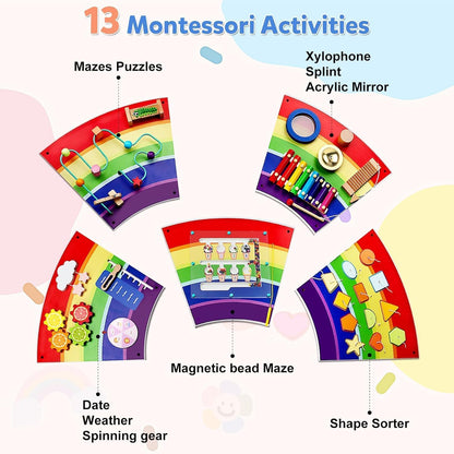 Rainbow Wall Busy Board for Kids: Wooden Montessori Activity Panel | 13-in-1 Sensory Learning Toys for Fine Motor Skills - Playroom & Nursery Essentials for Toddlers