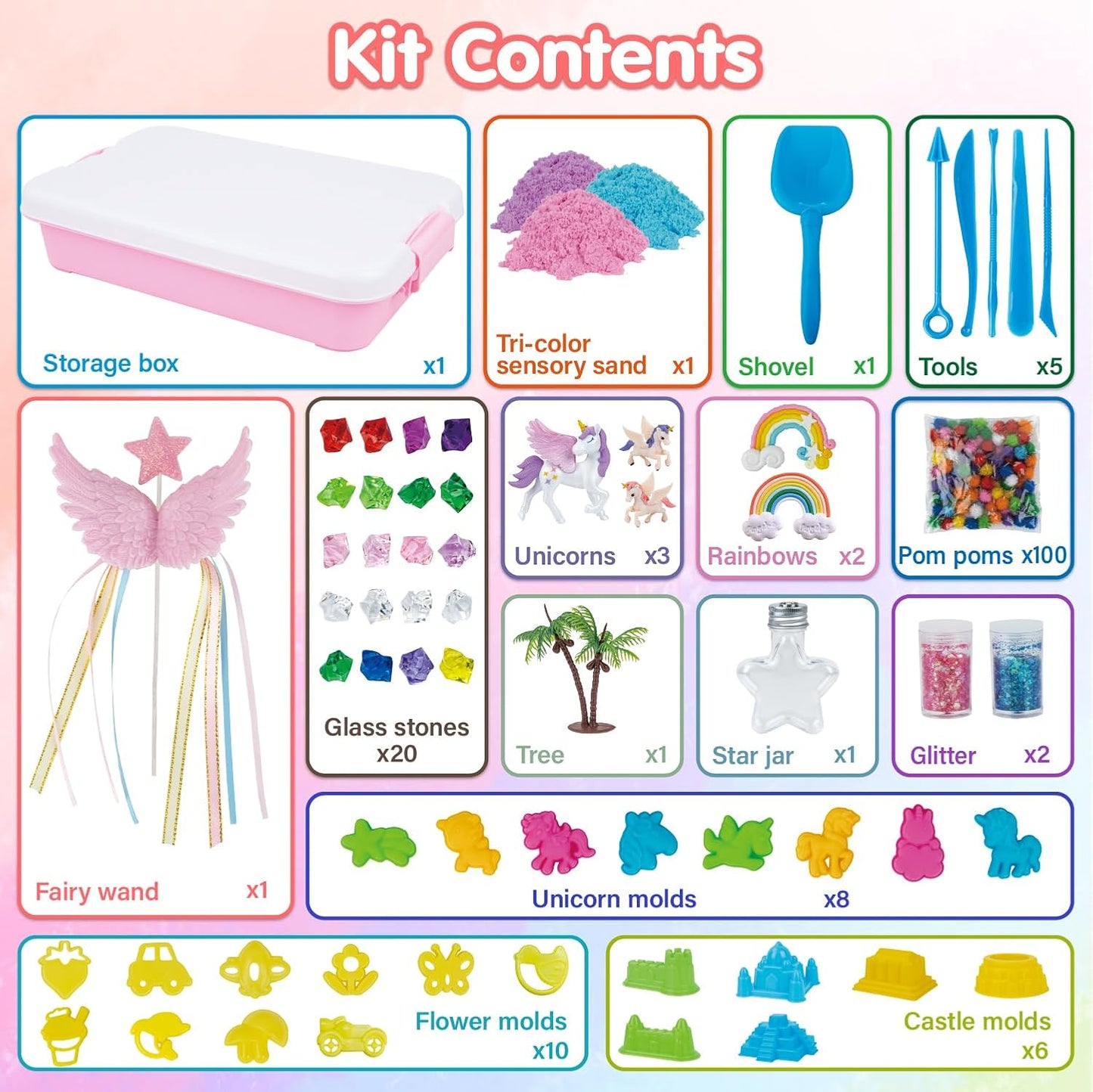 snookids 162Pcs Sensory Bin Magic Sand with Natural Beeswax 690g, Play Sands, Sensory Toys 24 Molds, 3 Unicorns, Sandbox with Lid, Educational Toys and Christmas Gifts for Children 3+