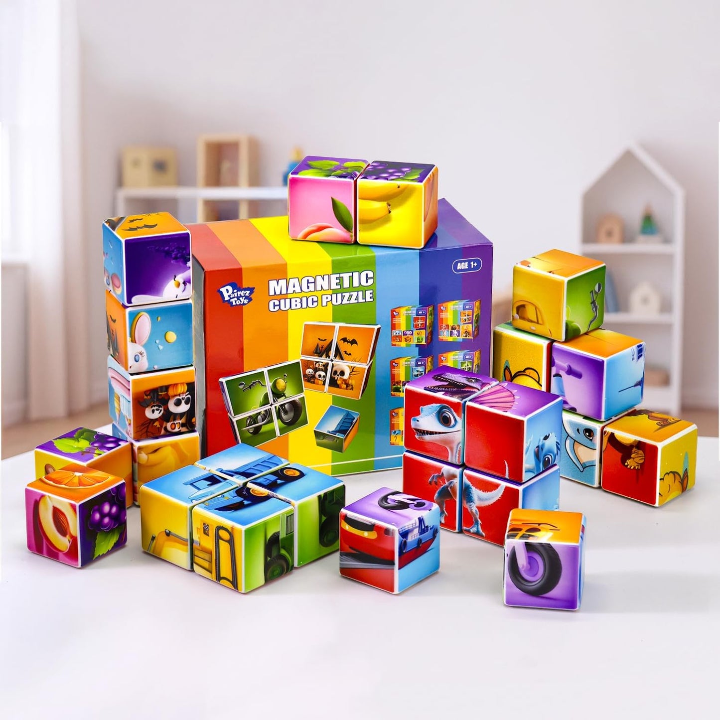 Pairez Toys Random 4 Sets of Magnetic Blocks for Toddlers, 4 Packs Total 16 PCS & 24 Patterns, Magnetic Puzzles for Kids 1-3, Preschool Learning Classroom Must Haves Puzzle Toys